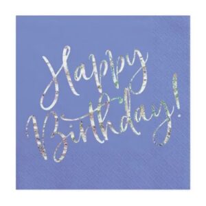 Μπλε Χαρτοπετσέτες με ιριδίζον Happy Birthday (20 τεμ)