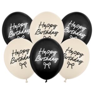Μπαλόνια Happy Birthday με φιογκάκια Μαύρα & Nude (6 τεμ)